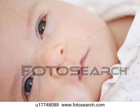 Stock Photo - USA, New Jersey, Jersey City, baby girl (2-5 months) portrait. Fotosearch