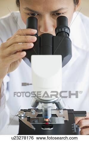 Stock Photograph - USA, New Jersey, Jersey City, Female scientist using microscope. Fotosearch