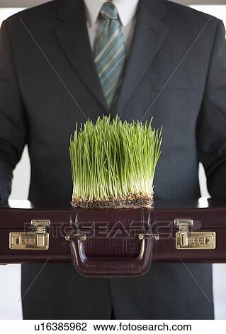 Stock Image - USA, New Jersey, Jersey City, Man holding growing grass in front of him. Fotosearch