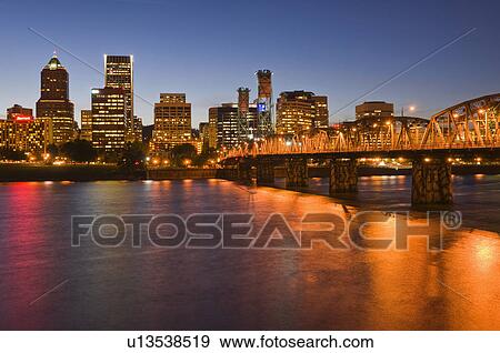Stock Photo - USA, Oregon, Portland skyline at night. Fotosearch