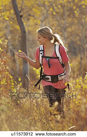 Stock Image - USA, Utah, young woman hiking in forest. Fotosearch