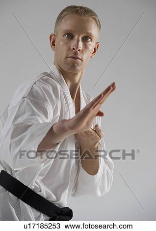 Stock Image - Young man performing karate stance on white background. Fotosearch