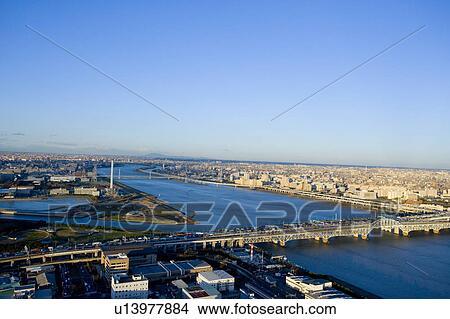 Arakawa Ward and Sumida River View Large Photo Image Picture - Arakawa Ward and Sumida River. Fotosearch