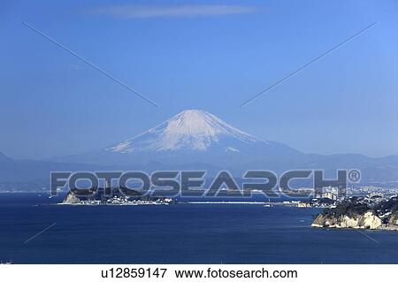 Stock Photo - Enoshima Island and Mount Fuji. Fotosearch