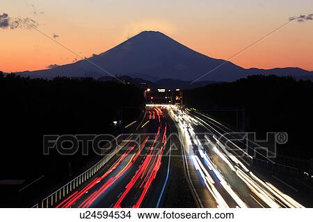 Picture - Mount Fuji and Motorway at Night. Fotosearch