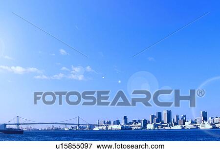 Rainbow Bridge Sea Skyline Waterfront Skyscraper View Large Photo Image Stock Photo - Rainbow Bridge Sea Skyline Waterfront Skyscraper. Fotosearch
