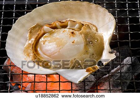 Stock Image - Scallop on Barbecue Grill. Fotosearch