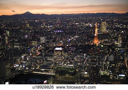 Stock Photograph - Tokyo Cityscape with Tokyo Tower and Mt Fuji. Fotosearch