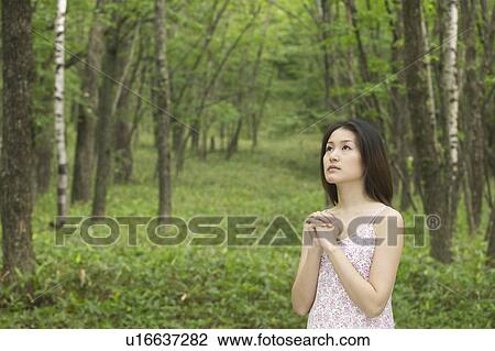 Young Woman Praying in Forest View Large Photo Image Stock Image - Young Woman Praying in Forest. Fotosearch