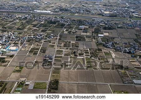 Stock Photo - Aerial View of Fields and Village. Fotosearch