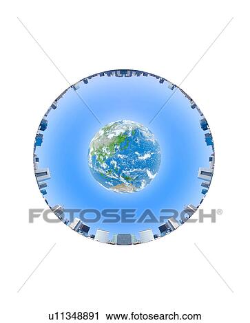 Stock Image - Buildings, Fish-Eye Lens, Digital Composite. Fotosearch