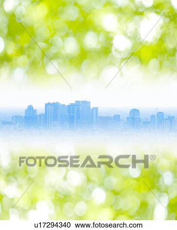Stock Image - Cityscape and forest, Digital Composite. Fotosearch