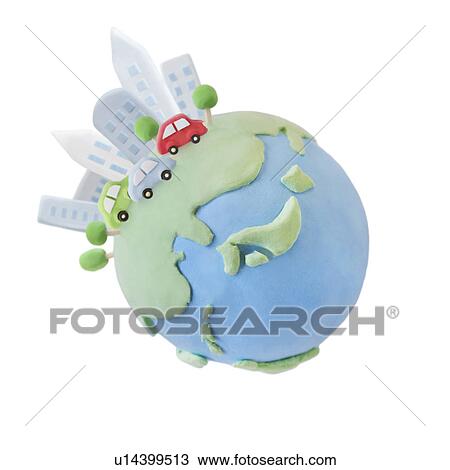 Stock Image - Clay globe, buildings and cars. Fotosearch