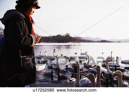 Stock Image - Girl Feeding Birds. Fotosearch