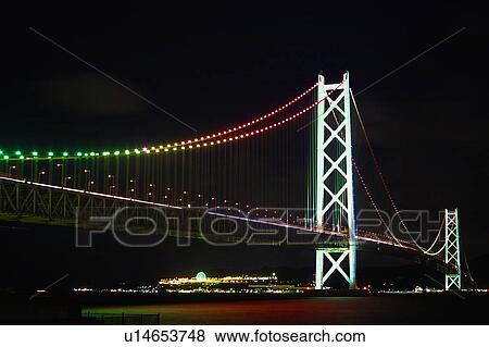 Stock Photo - Illuminated Akashi-Kaikyo Bridge. Fotosearch