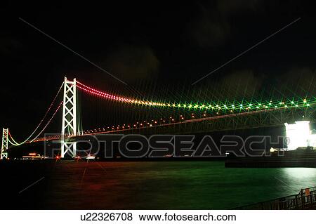 Illuminated Akashi-Kaikyo Bridge View Large Photo Image Stock Photo - Illuminated Akashi-Kaikyo Bridge. Fotosearch