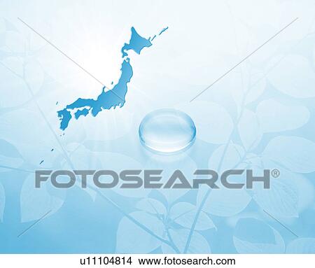 Picture - Map of Japan, water drop and tree branch with leaves, Digital Composite. Fotosearch
