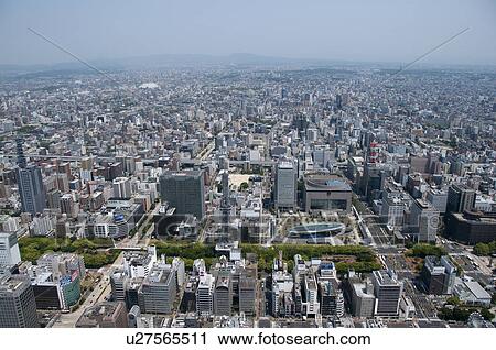 Stock Image - Nagoya Television Tower and Oasis 21, Aerial view. Fotosearch