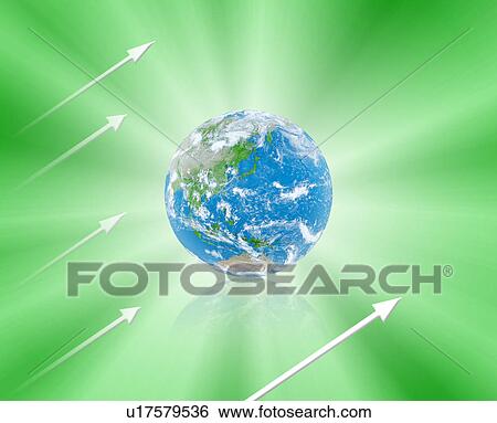Stock Photograph - Planet earth and arrows, Digital Composite. Fotosearch