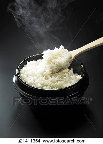 Picture - Rice in rice cooker. Fotosearch