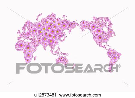 Stock Image - World Map Made From Pink Flowers. Fotosearch