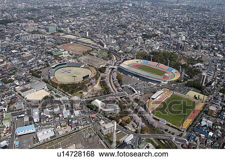 Stock Photo - Yamasaki River and Mizuho Athletic Field, aerial view. Fotosearch