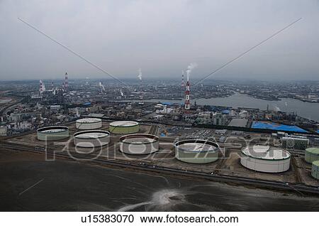 Stock Image - Yokkaichi Industrial Area, Aerial view. Fotosearch