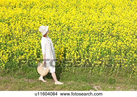 Picture - Young woman walking next to oilseed rape field. Fotosearch