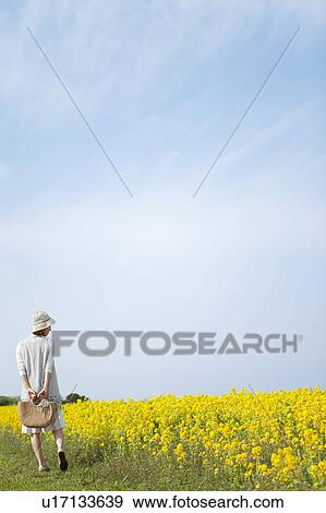 Stock Photo - Young woman walking next to oilseed rape field. Fotosearch
