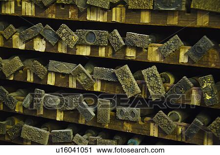 Stock Image - Close up of printing blocks from antique book binding. Fotosearch
