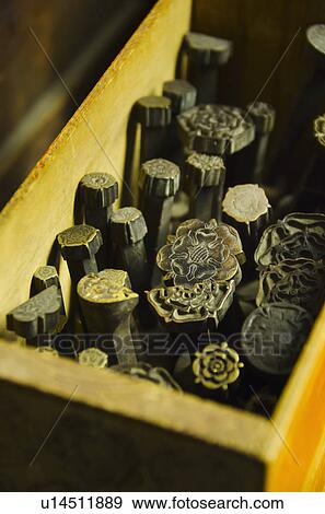 Stock Photo - Close up of printing blocks from antique book binding. Fotosearch