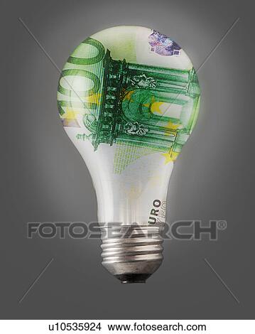 Picture - Composition of bulb and one hundred euro note. Fotosearch