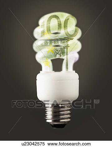 Composition of energy efficient bulb and one hundred euro note View Large Photo Image Stock Photography - Composition of energy efficient bulb and one hundred euro note. Fotosearch