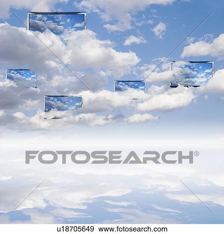 Digital composite with cloudscape and monitors View Large Photo Image Stock Photo - Digital composite with cloudscape and monitors. Fotosearch