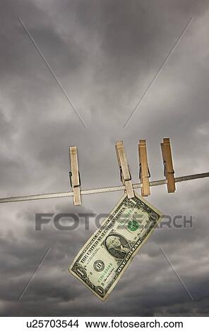 Picture - One dollar banknote drying on clothline. Fotosearch