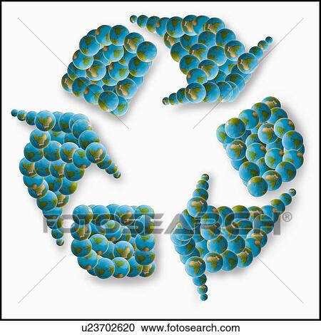 Stock Image - Studio Shot of recycling symbol made of globes. Fotosearch