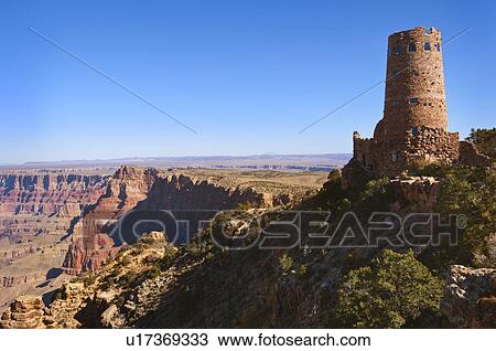 Stock Image - USA, Arizona, Grand Canyon, The Watchtower and desert view. Fotosearch
