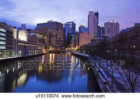 USA, Illinois, Chicago, City reflected in Chicago River View Large Photo Image Picture - USA, Illinois, Chicago, City reflected in Chicago River. Fotosearch