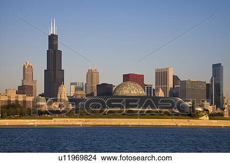 Picture - USA, Illinois, Chicago, City skyline with Adler Planetarium. Fotosearch