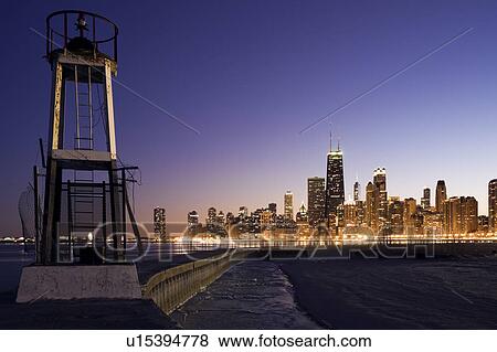 USA, Illinois, Chicago, City skyline from Lake Michigan at sunset View Large Photo Image Stock Photo - USA, Illinois, Chicago, City skyline from Lake Michigan at sunset. Fotosearch