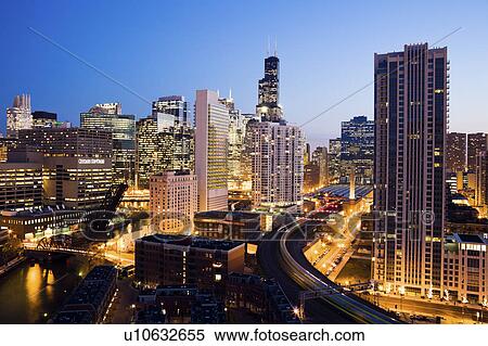 USA, Illinois, Chicago, cityscape at night View Large Photo Image Stock Photography - USA, Illinois, Chicago, cityscape at night. Fotosearch