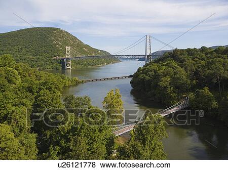 USA, New York State, Bear Mountain, Suspension bridge over river View Large Photo Image Stock Photo - USA, New York State, Bear Mountain, Suspension bridge over river. Fotosearch