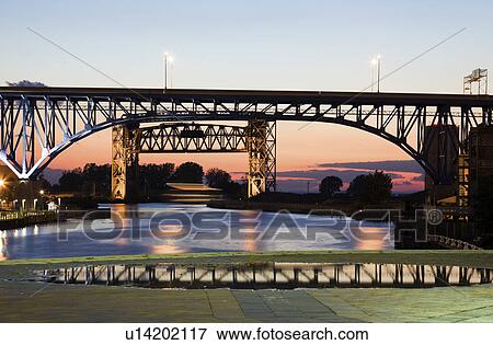 USA, Ohio, Cleveland, Bridge over river View Large Photo Image Stock Photo - USA, Ohio, Cleveland, Bridge over river. Fotosearch