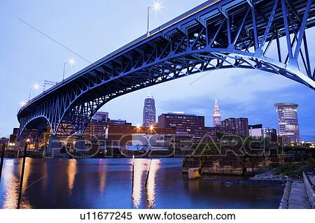 Stock Photography - USA, Ohio, Cleveland, Bridge over River Cuyahoga . Fotosearch