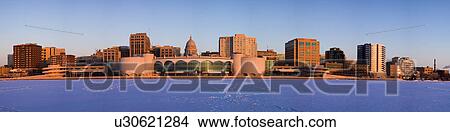 Picture - USA, Wisconsin, Madison skyline at sunrise. Fotosearch
