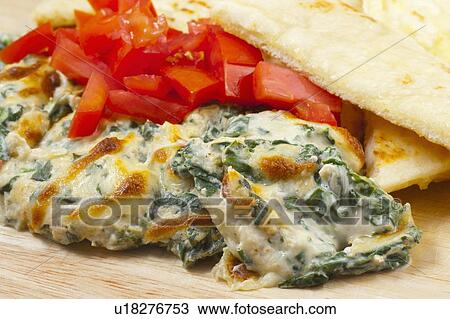 Stock Image - Spinach Dip With Pita Bread And Peppers. Fotosearch