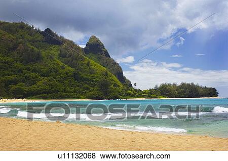 Stock Photo - tunnels beach with a view of makana; kauai, hawaii, united states of america. Fotosearch