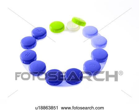 Stock Image - Blue and green contact lens cases on white background. Fotosearch