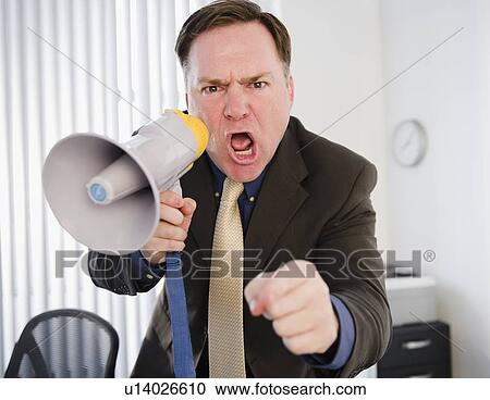 Businessman yelling through bullhorn View Large Photo Image Stock Image - Businessman yelling through bullhorn. Fotosearch
