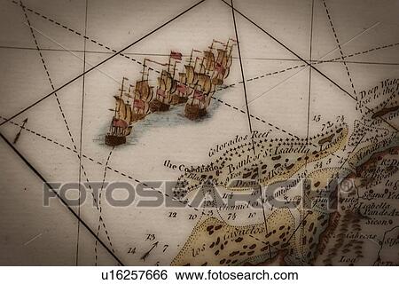 Close up of antique map of coastline of England with tall ships View Large Photo Image Stock Photograph - Close up of antique map of coastline of England with tall ships. Fotosearch